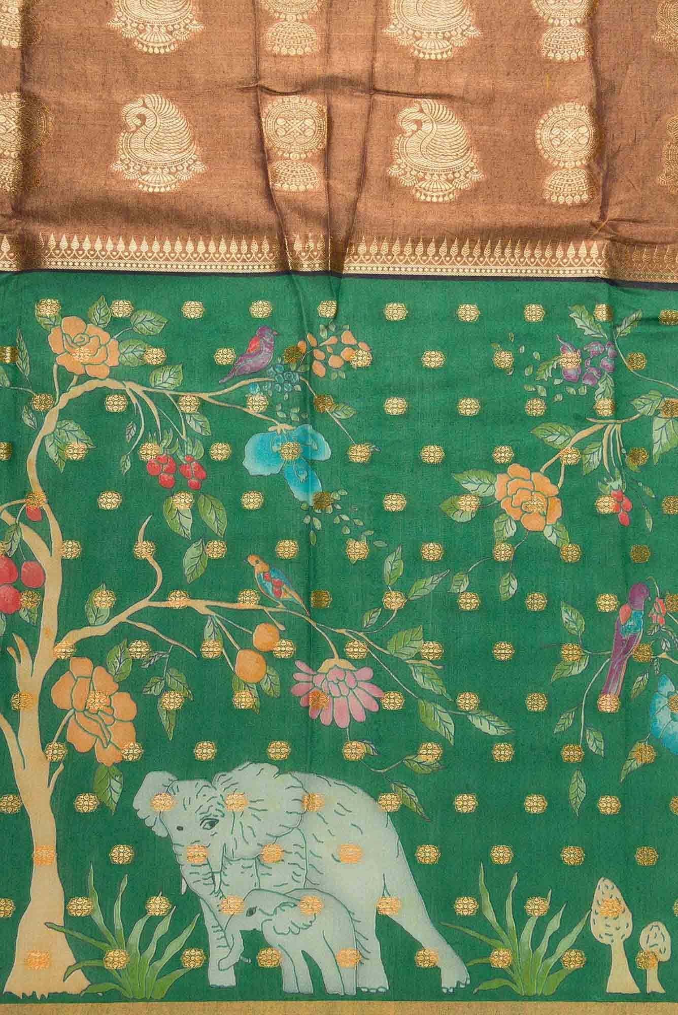 Brown and Green Chanderi Silk Dress Material