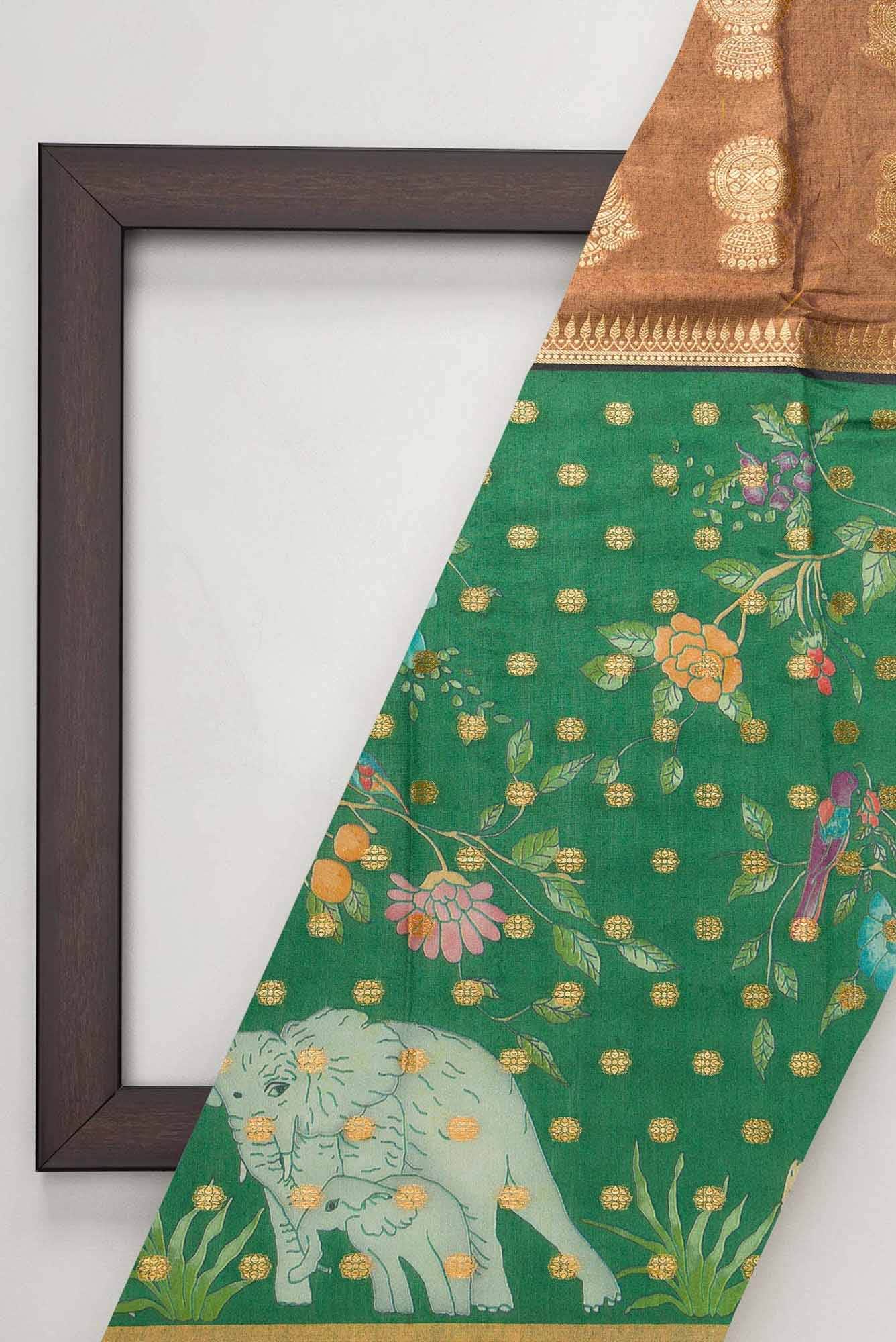 Brown and Green Chanderi Silk Dress Material