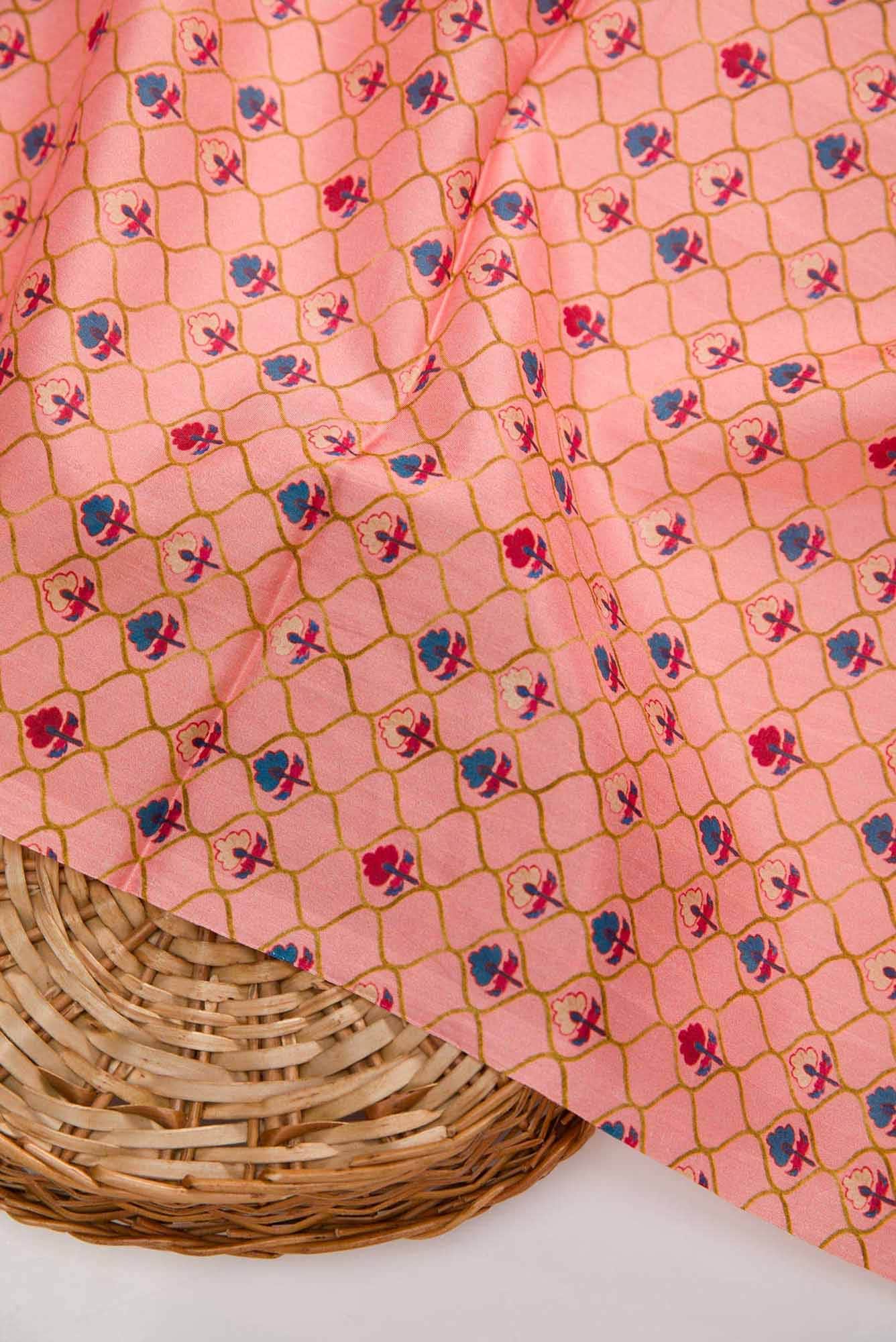 Peach Printed Silk Dress Material