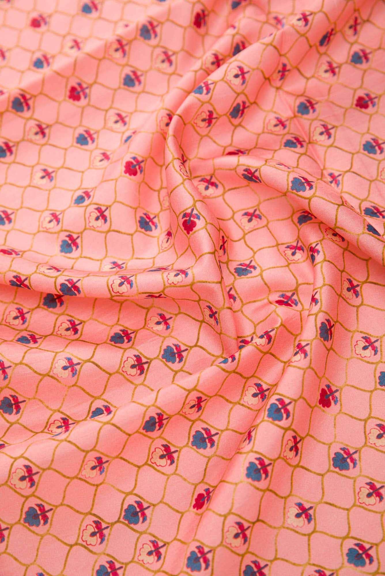 Peach Printed Silk Dress Material