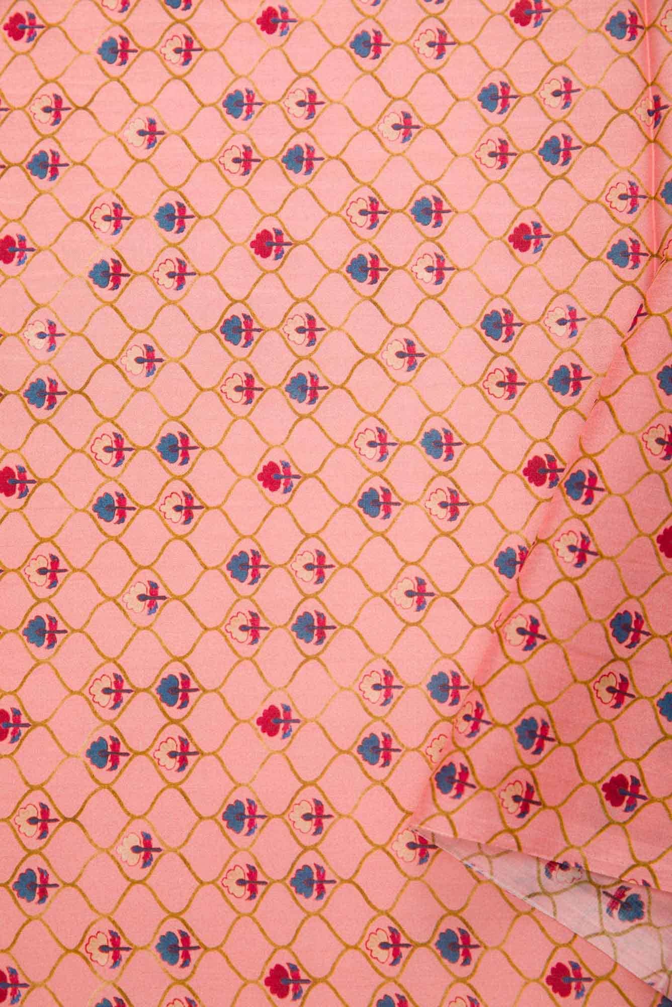 Peach Printed Silk Dress Material