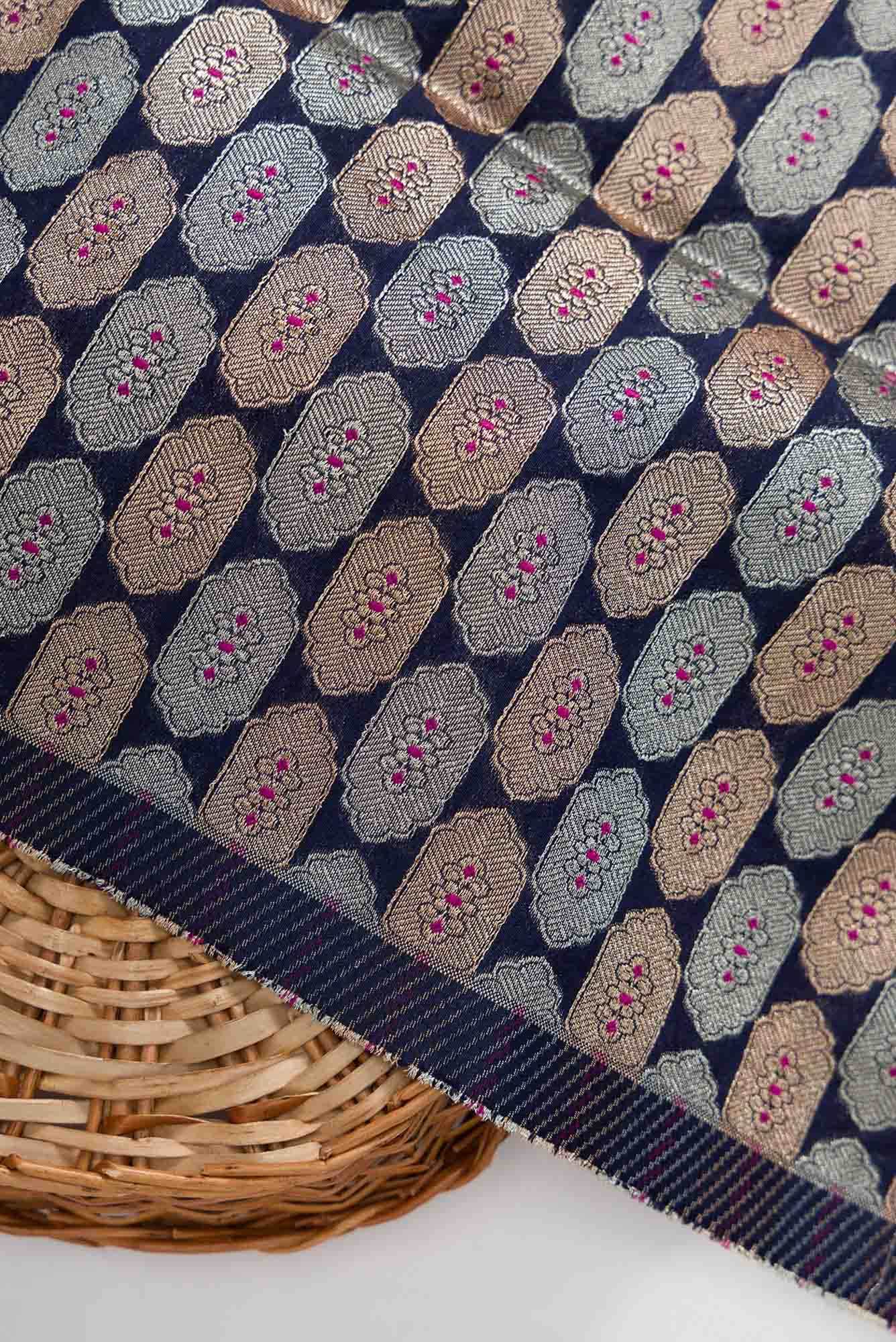 Navy Blue Blended Banarasi Silk Dress Material