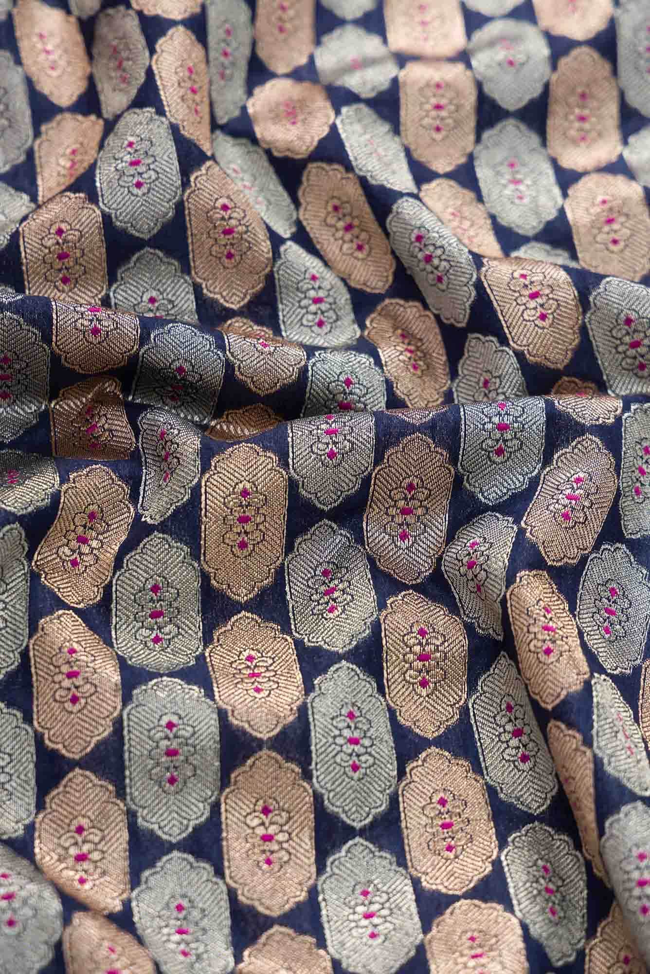 Navy Blue Blended Banarasi Silk Dress Material