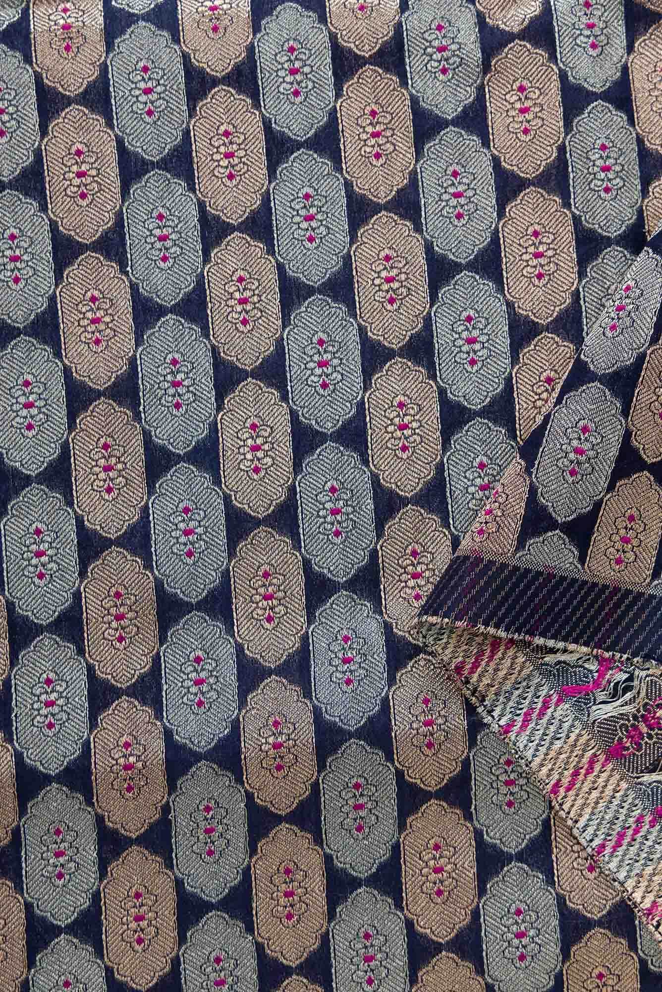 Navy Blue Blended Banarasi Silk Dress Material
