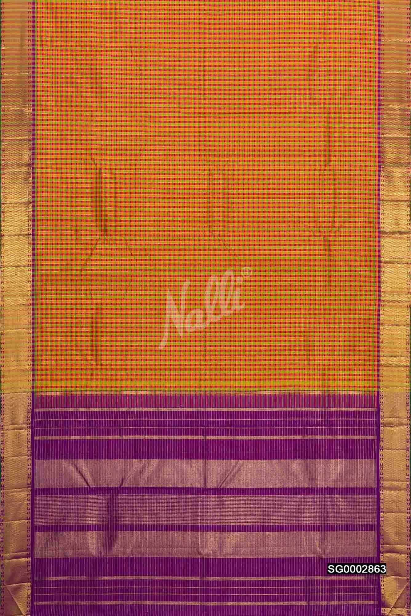 Green,Pink and Yellow Kanchipuram Silk Saree