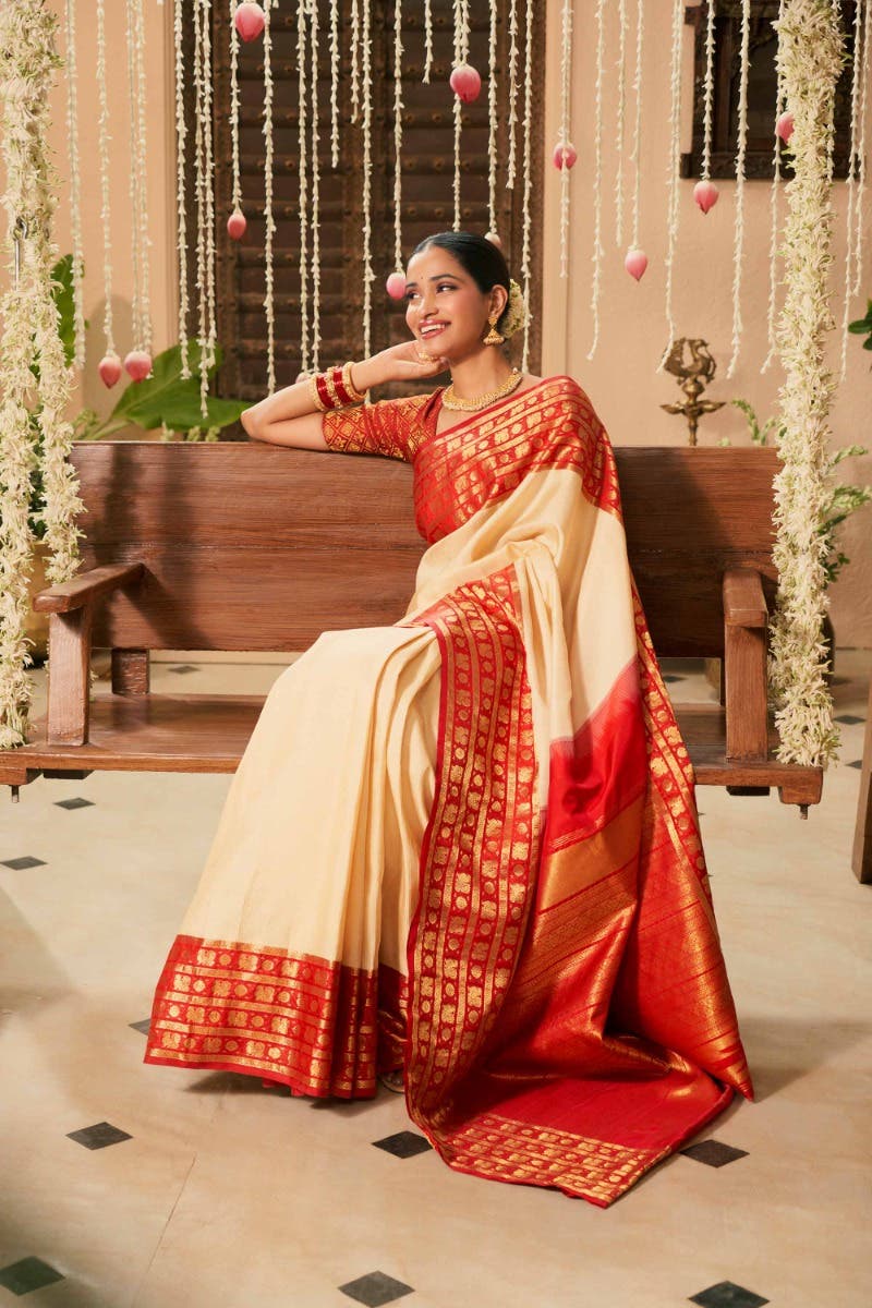 Suvarna-Off White Kanchipuram Silk Saree