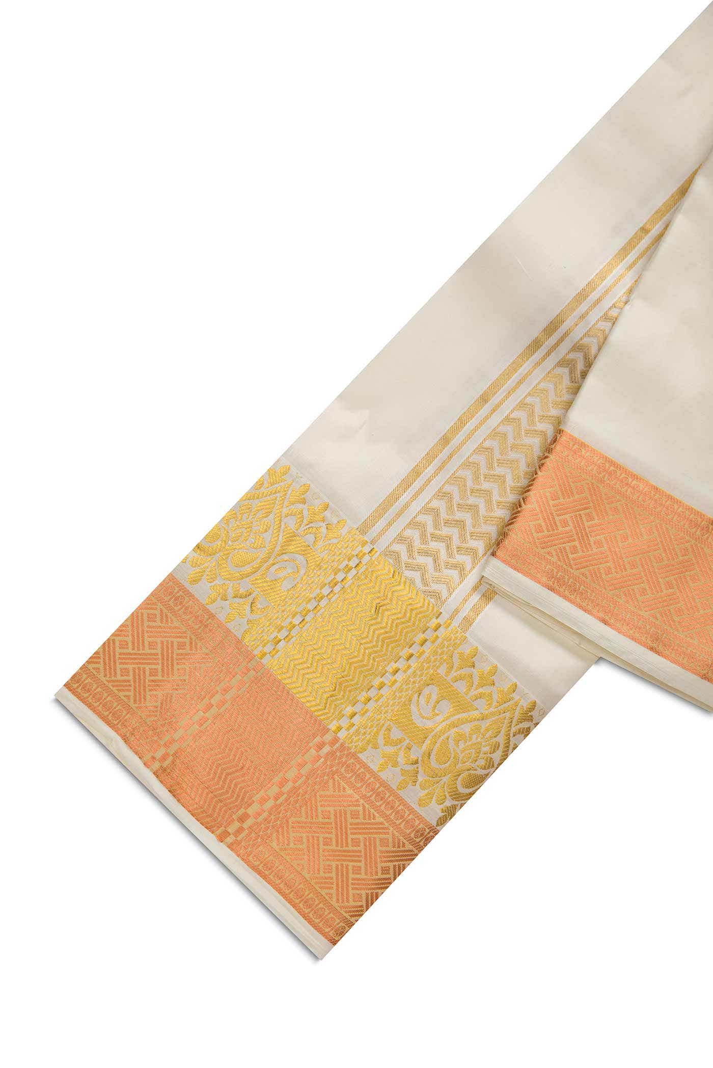 Cream Silk Dhoti With Angavastram (9X 5) Muzham