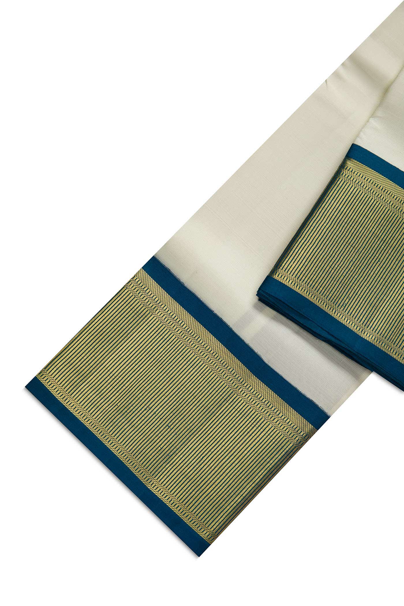 Cream Silk Dhoti With Angavastram (8X4) Muzham