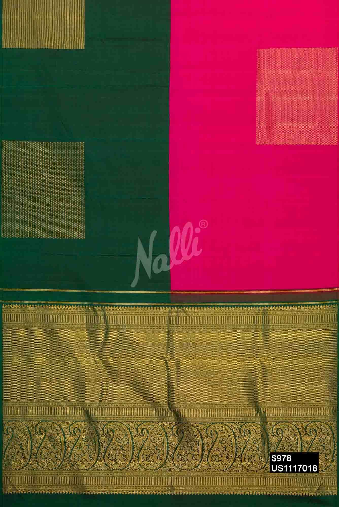 Pink and Bottle Green Kanchipuram Silk Saree