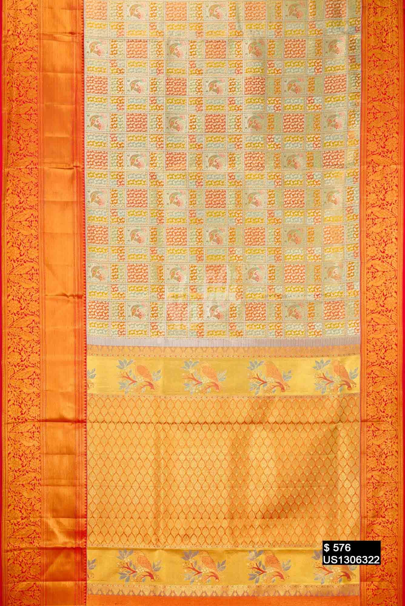 Green, Mustard and Blue Kanchipuram Tissue Silk Saree