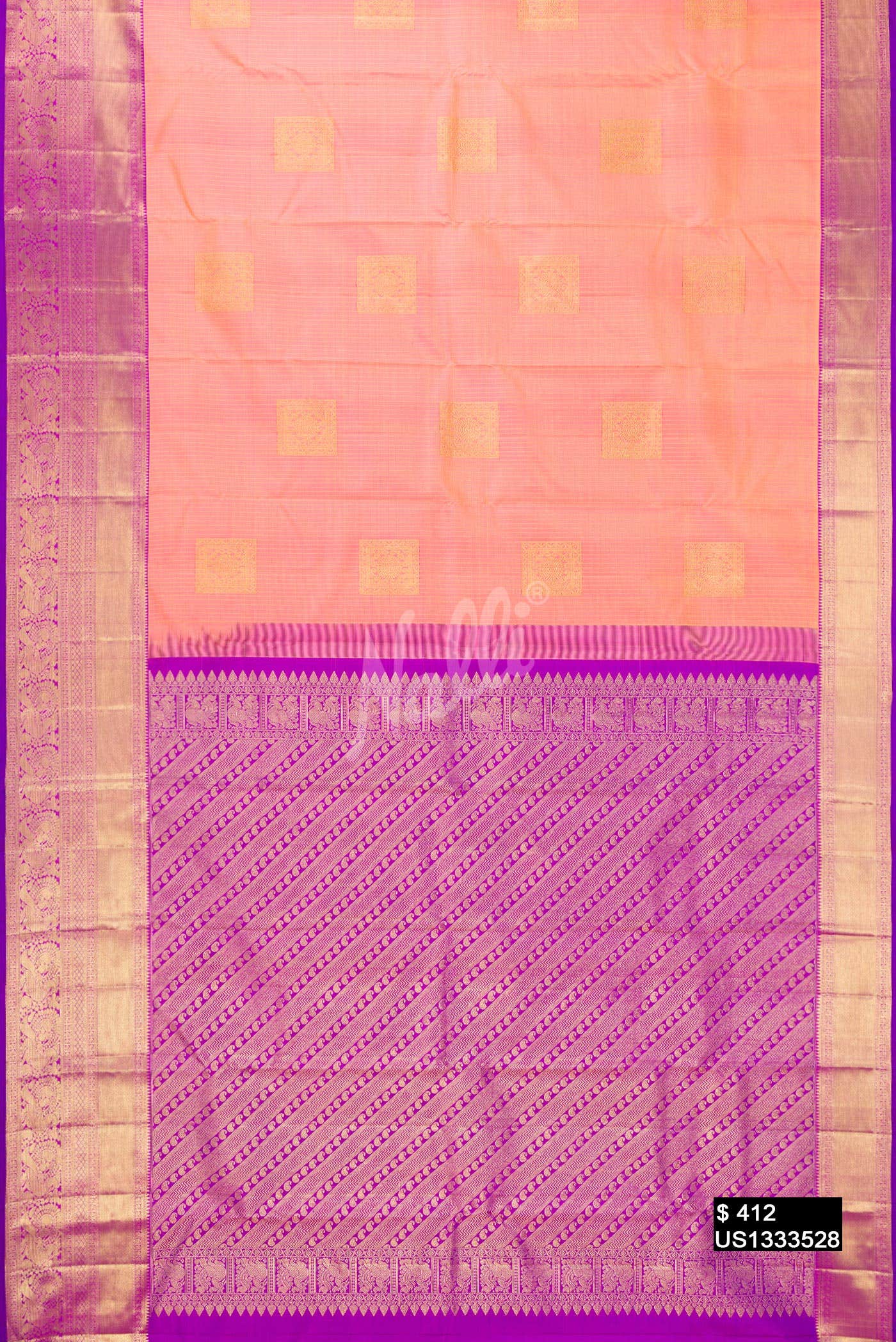 Pinkish Yellow Kanchipuram Silk Saree