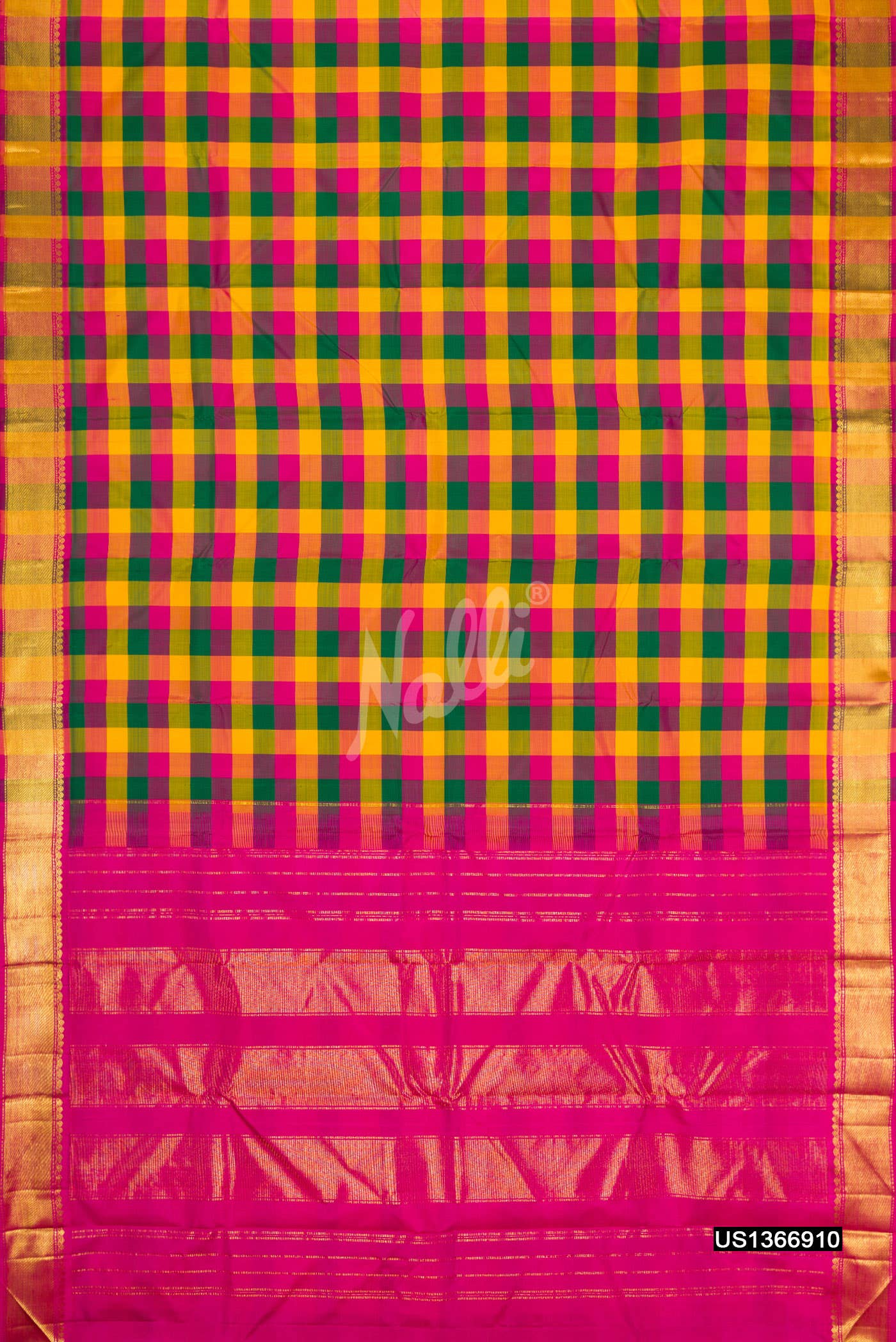 Yellow , Pink and Green Kanchipuram Silk Saree