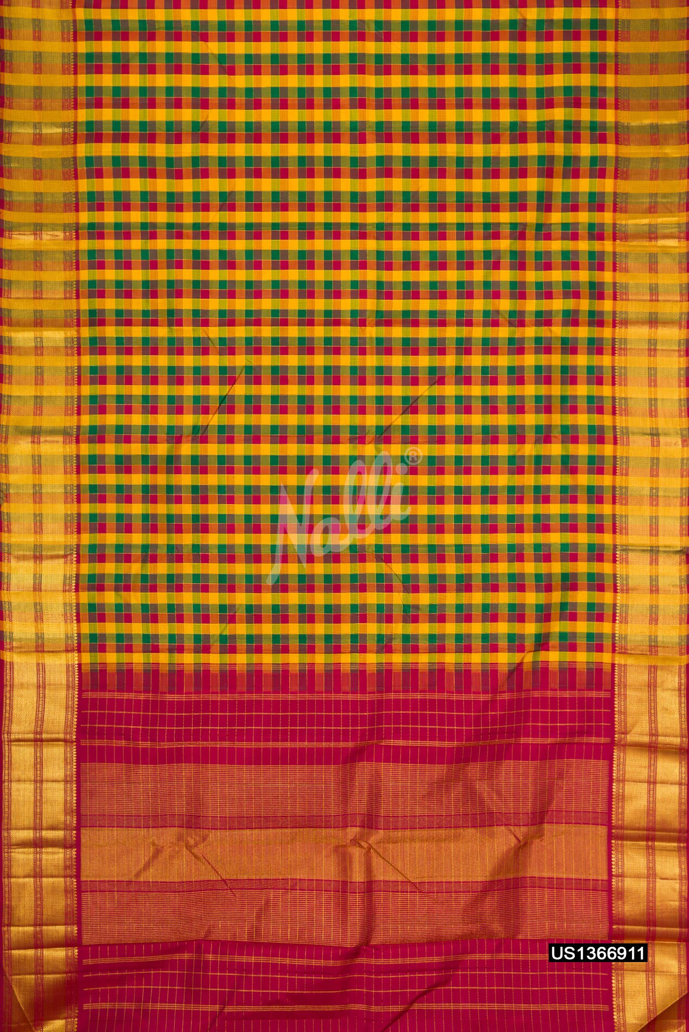 Yellow , Pink and Green Kanchipuram Silk Saree