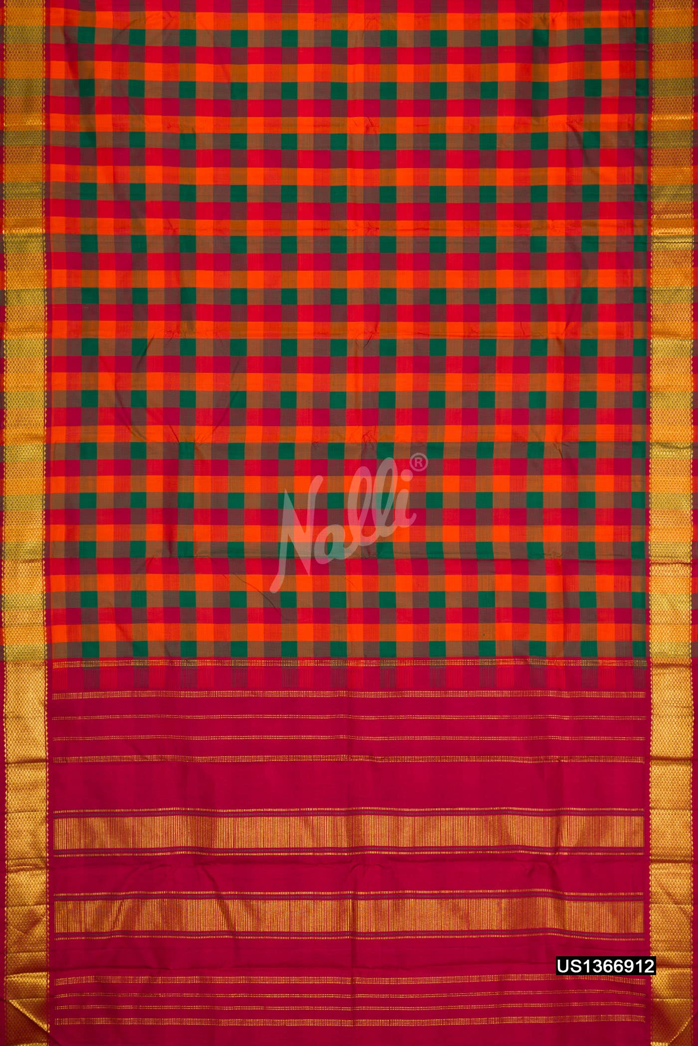 Orange , Green and Maroon Kanchipuram Silk Saree