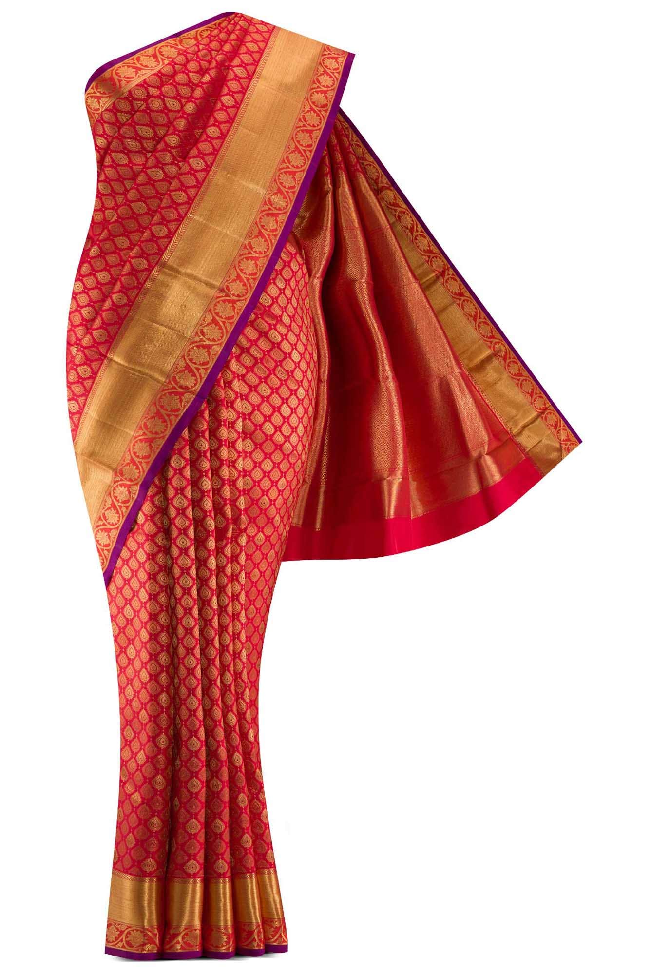 Dark green wedding silk saree in chilli red 6 inches border