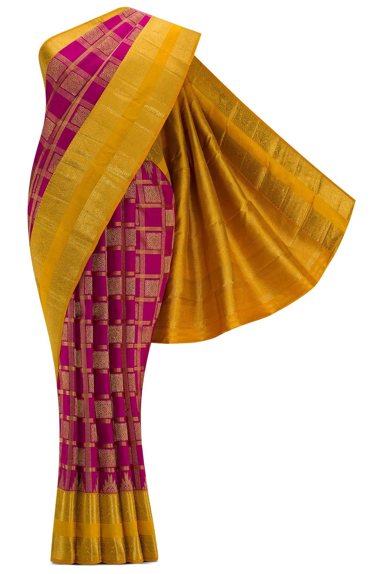 Yellow Purple Bandhej Saree with Zari Border & Rich Pallu